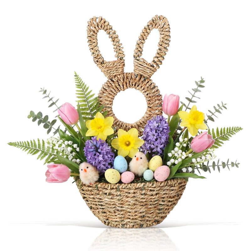 LemonRoad 16.1 Inch Easter Bunny Basket Easter Bunny Woven Wicker Basket Hanging Wall Rabbit Pocket for Spring Front Door Flowers Eggs Gifts Decor - Image 1