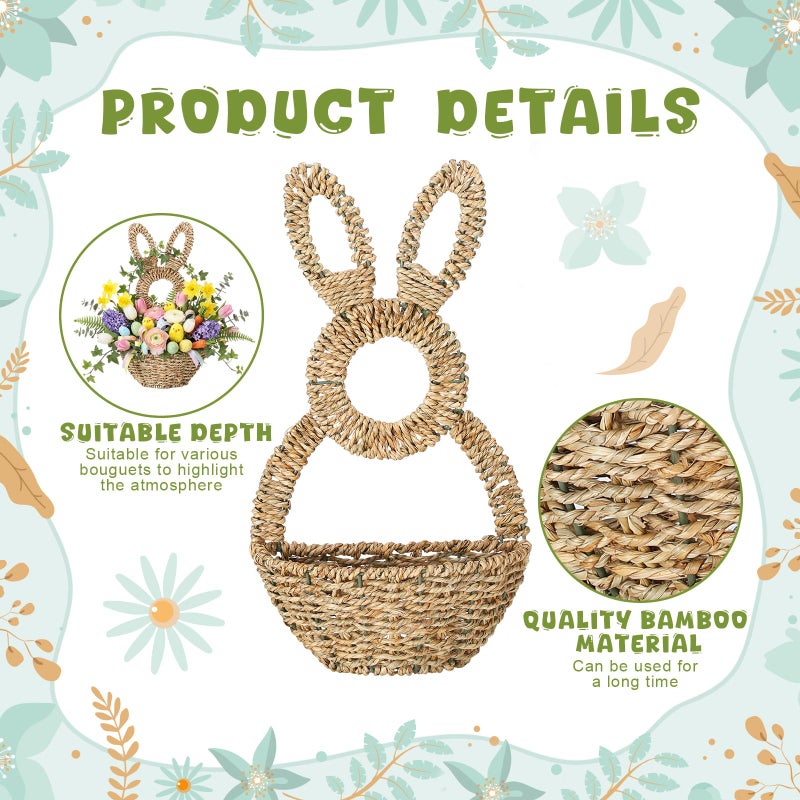 LemonRoad 16.1 Inch Easter Bunny Basket Easter Bunny Woven Wicker Basket Hanging Wall Rabbit Pocket for Spring Front Door Flowers Eggs Gifts Decor - Image 3