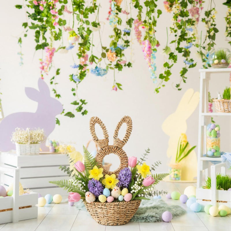 LemonRoad 16.1 Inch Easter Bunny Basket Easter Bunny Woven Wicker Basket Hanging Wall Rabbit Pocket for Spring Front Door Flowers Eggs Gifts Decor - Image 4