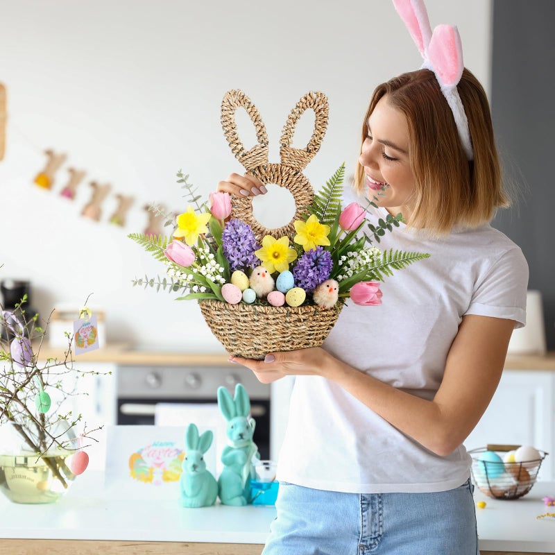 LemonRoad 16.1 Inch Easter Bunny Basket Easter Bunny Woven Wicker Basket Hanging Wall Rabbit Pocket for Spring Front Door Flowers Eggs Gifts Decor - Image 5