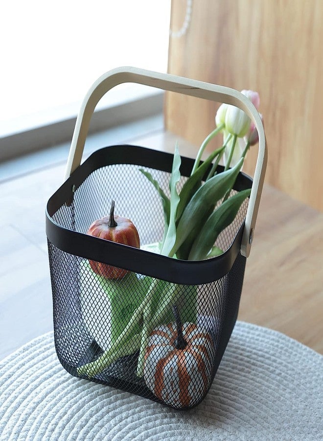 Medigo Metal Mesh Storage Basket with Wooden Handle | Ideal for Storage, Shopping, Picnics and More (Black) - Image 3