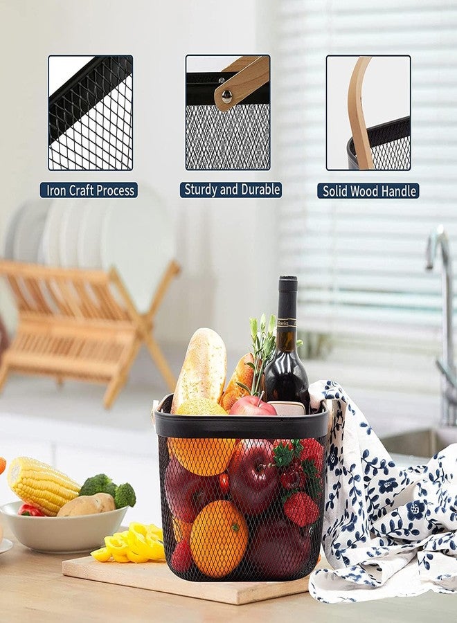 Medigo Metal Mesh Storage Basket with Wooden Handle | Ideal for Storage, Shopping, Picnics and More (Black) - Image 5