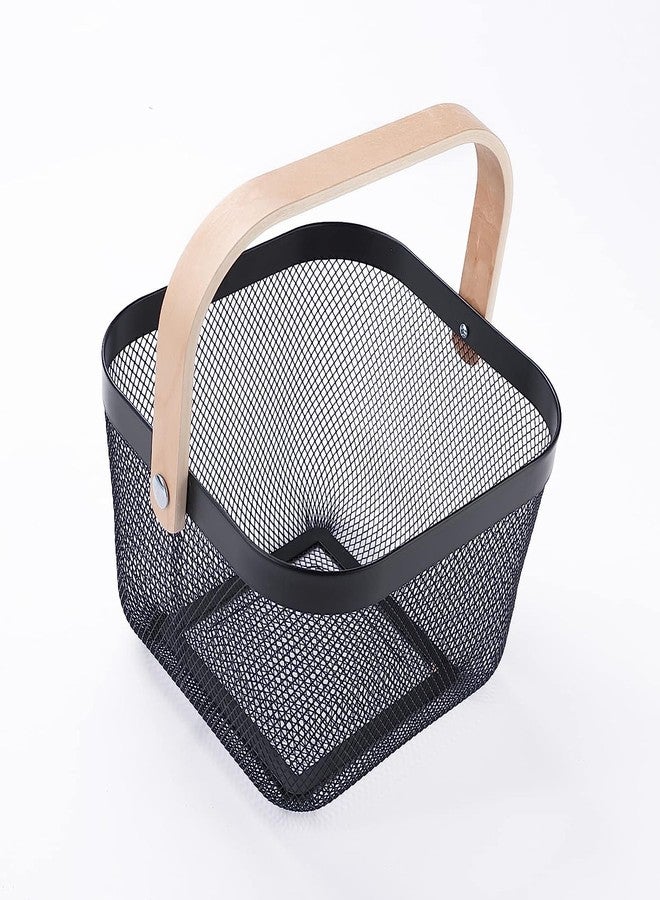 Medigo Metal Mesh Storage Basket with Wooden Handle | Ideal for Storage, Shopping, Picnics and More (Black) - Image 1