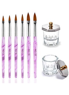 Excefore 2Pcs Nail Art Dappen Dish with 6Pcs Acrylic Nail Brush Set, Acrylic Liquid Powder Styling Tool, Mini Glass Nail Cup with Lid Glass Crystal Bowl Acrylic UV Gel DIY Brush Nail Crystal Cup Set  - Image 1