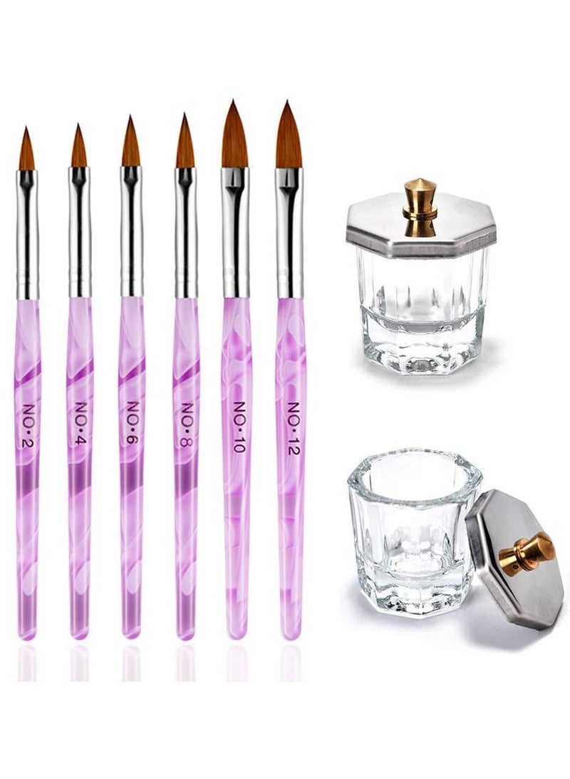 Excefore 2Pcs Nail Art Dappen Dish with 6Pcs Acrylic Nail Brush Set, Acrylic Liquid Powder Styling Tool, Mini Glass Nail Cup with Lid Glass Crystal Bowl Acrylic UV Gel DIY Brush Nail Crystal Cup Set - Image 1