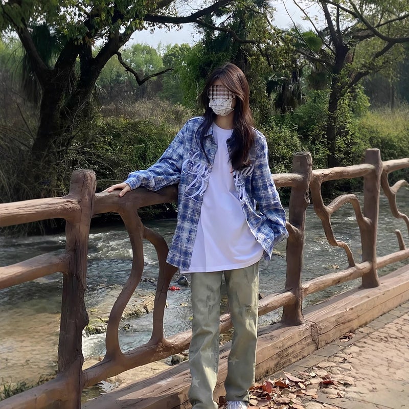 American Street Letter Embroidery Plaid Shirt for Women - Image 1