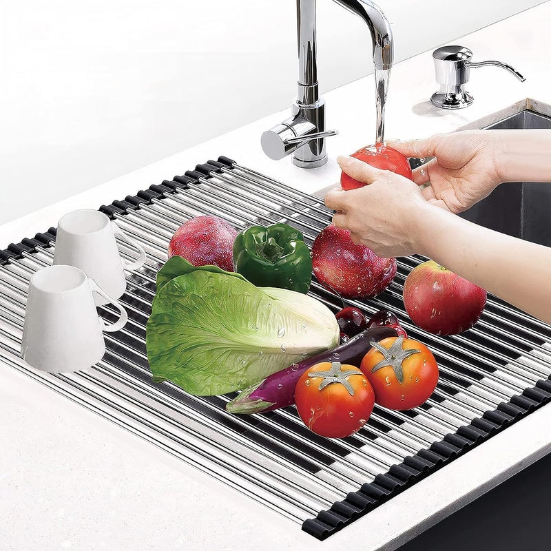 SCILLA Stainless Steel Sink Folding Vegetable Fruit and Dish Drying Drain Rack Stainless Steel RollUp Over Sink Rack Kitchen Foldable Drying Drainer Multicolor - Image 1
