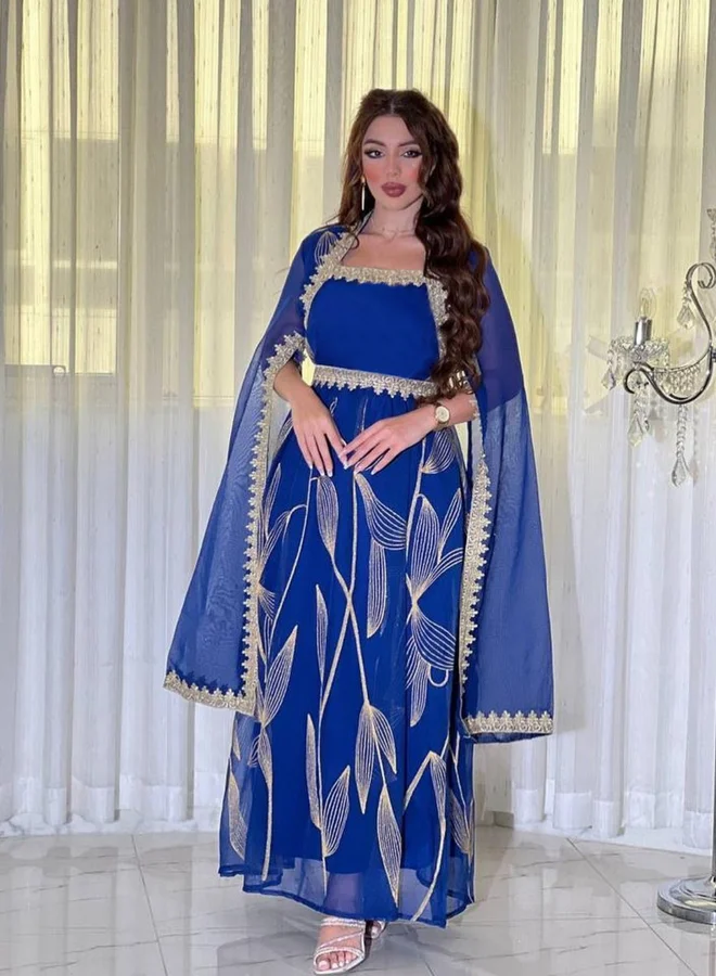 Take Two Women Blue Cape Sleeve Embroidered Maxi Dress