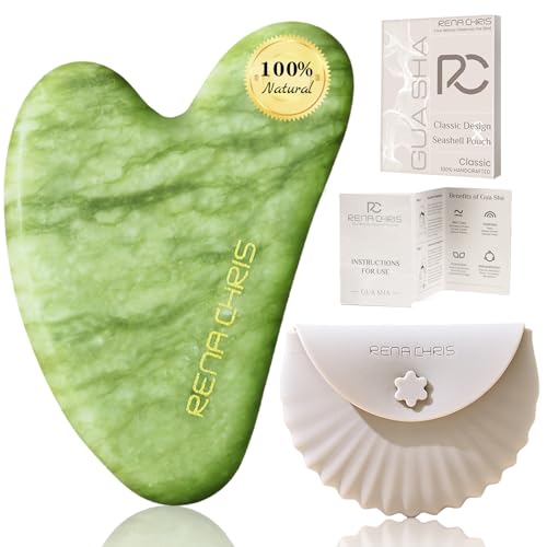 Rena Chris Gua Sha Facial Tools, Xiuyan Jade Stone Guasha Tool for Face Massage, Manual Facial Massager Tool for Jawline Sculpting and Puffiness Reduction with Silicone Case (Green) - Image 1