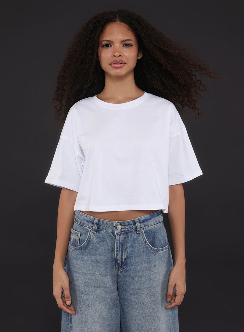 trendyol White 100% Thick Cotton Cropped Crew Neck Knitted T-Shirt Twoss23Ts00038 - Image 4