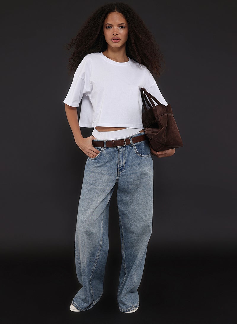 trendyol White 100% Thick Cotton Cropped Crew Neck Knitted T-Shirt Twoss23Ts00038 - Image 1