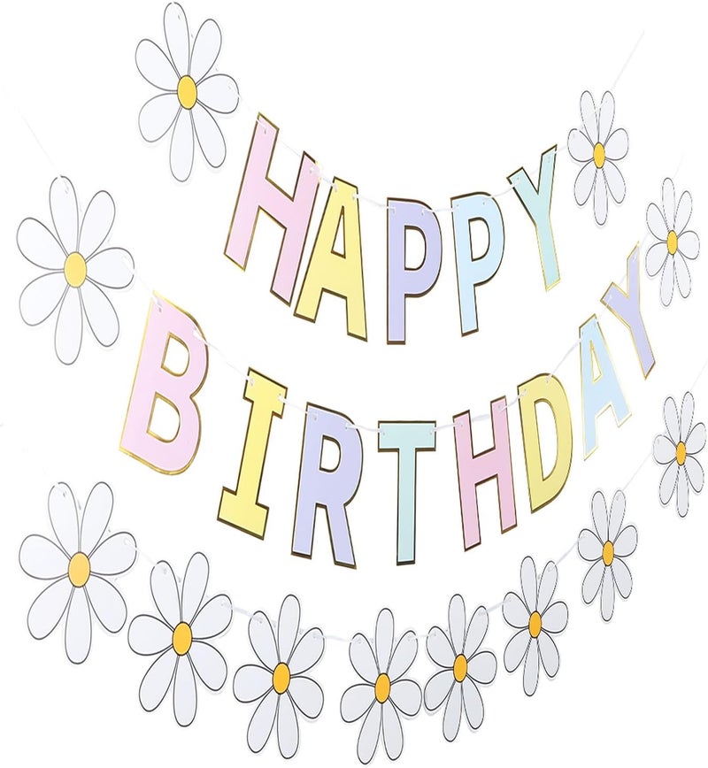 Happy Birthday Banner for Birthday Party Decorations Daisy Flower Design with Macaron Colors Reusable Paper Hanging Garland for Celebration - Image 1