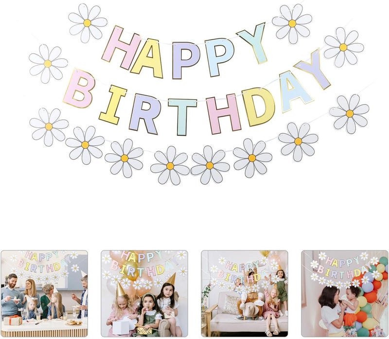 Happy Birthday Banner for Birthday Party Decorations Daisy Flower Design with Macaron Colors Reusable Paper Hanging Garland for Celebration - Image 3