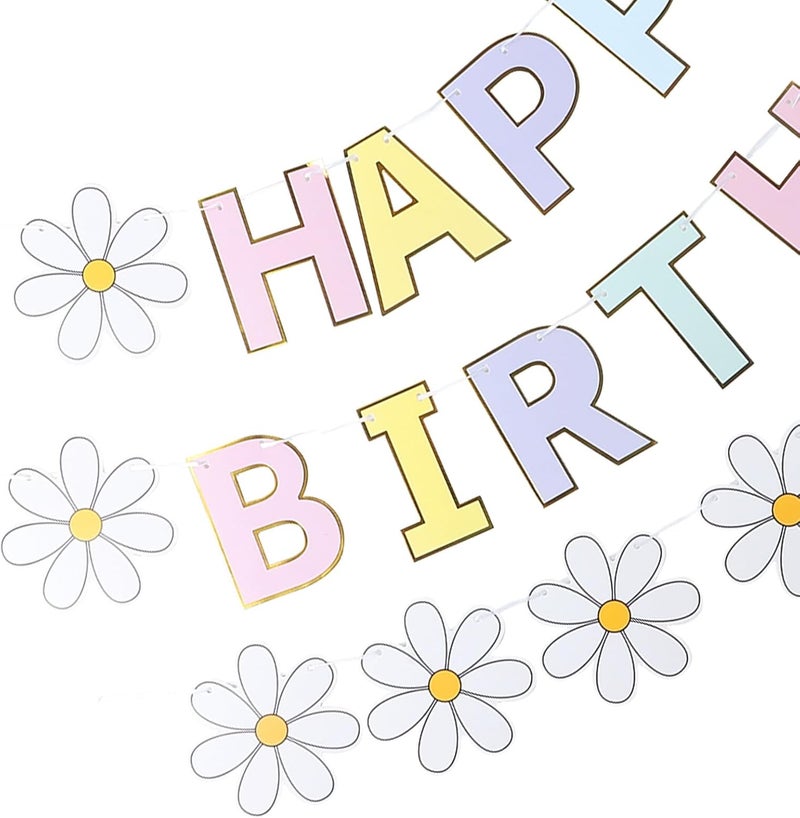 Happy Birthday Banner for Birthday Party Decorations Daisy Flower Design with Macaron Colors Reusable Paper Hanging Garland for Celebration - Image 5