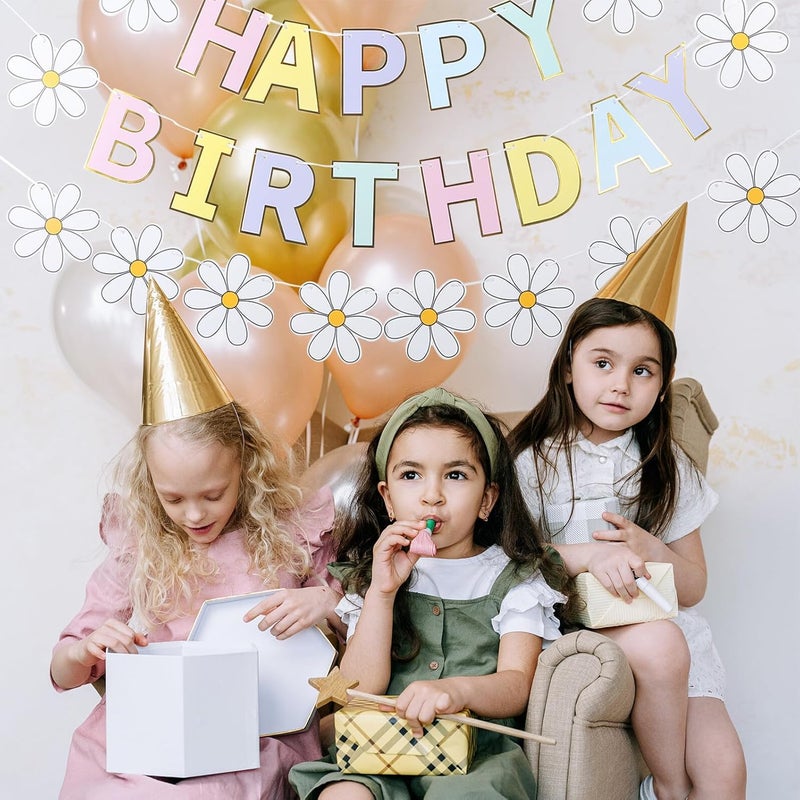 Happy Birthday Banner for Birthday Party Decorations Daisy Flower Design with Macaron Colors Reusable Paper Hanging Garland for Celebration - Image 4