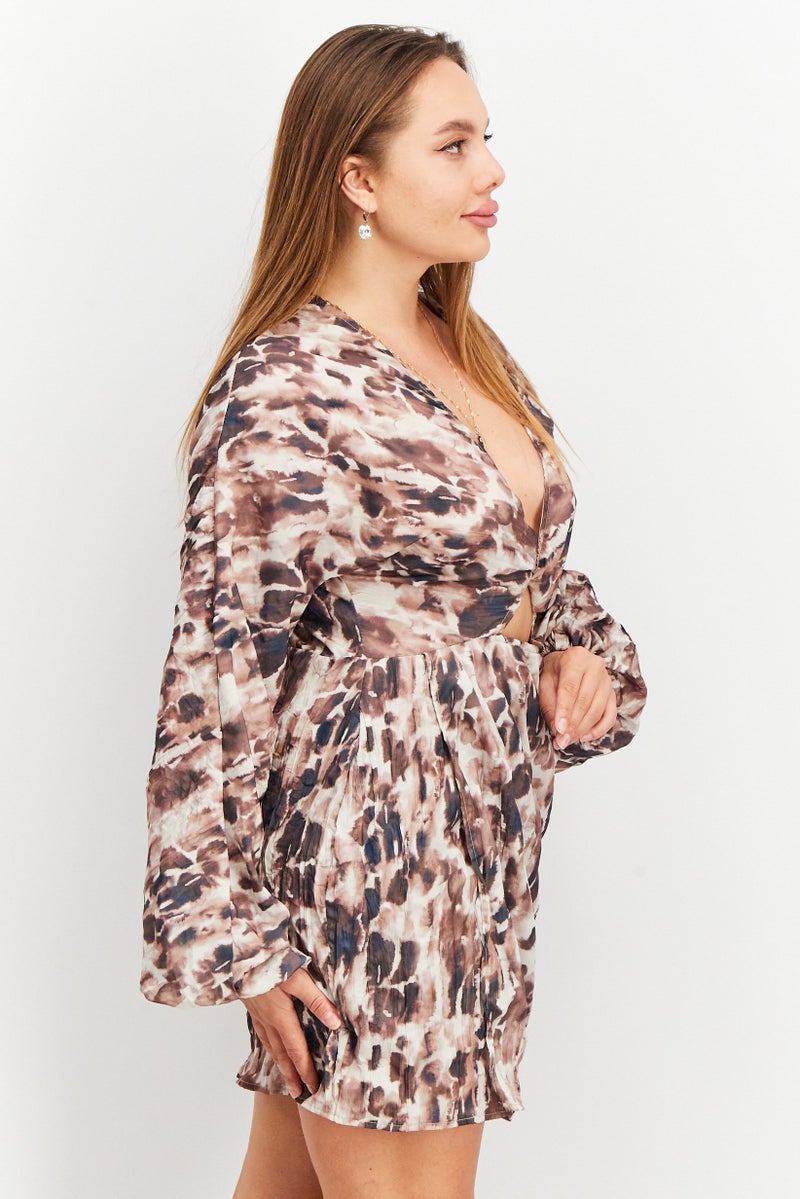 NA-KD Women Twisted And Cut out Front Detail Casual Wrap Mini Dress, Brown - Image 3