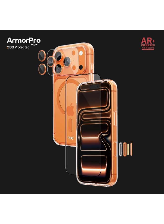 ArmorPro D3O 4-in-1 Combo with Capture Button (HD Anti-Reflective Screen Protector & DoubleAR Camera Lens & D3O Clear Case with Orange MagSafe & Lens Module Protection Film) for iPhone 17 Pro Max Clear - Image 1