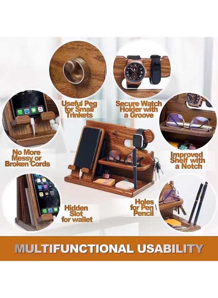 Generic Wood Phone Docking Station Key Holder Watch Desk Organizer Gifts for Men and Women Desk Accessories  - Image 4