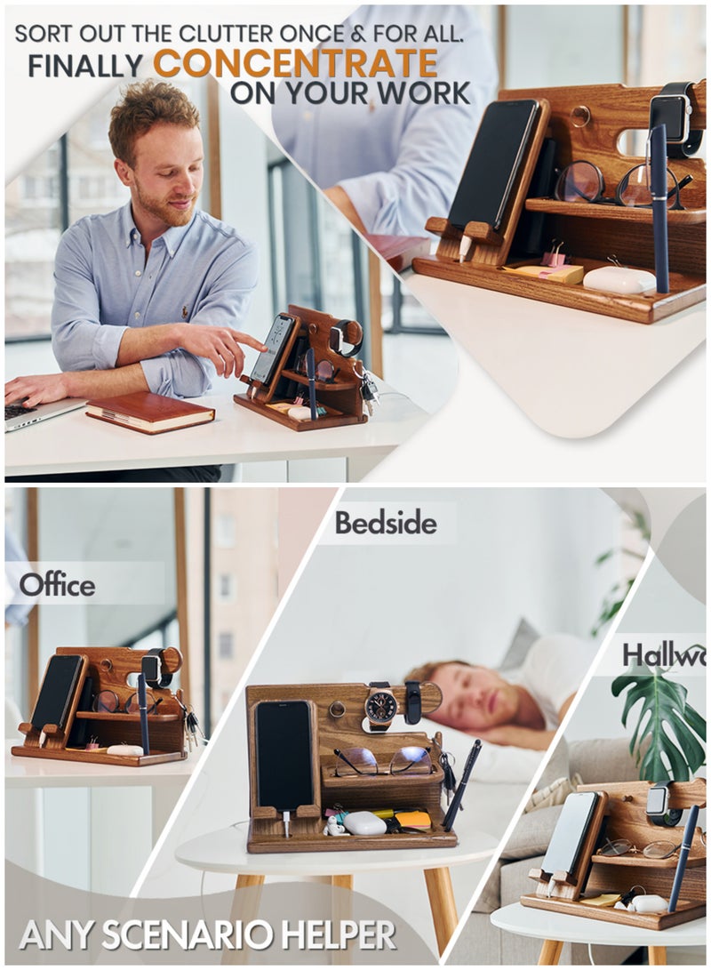 طيب نور منظم مكتب خشبي صديق للبيئة - اكسسوارات مكتب عمل متعددة الوظائف مع حامل هاتف ومفاتيح وتخزين ساعة، إكسسوارات مكتبية للرجال والنساء، هدية عملية من خشب طبيعي متين (تركيب سهل) - Image 3