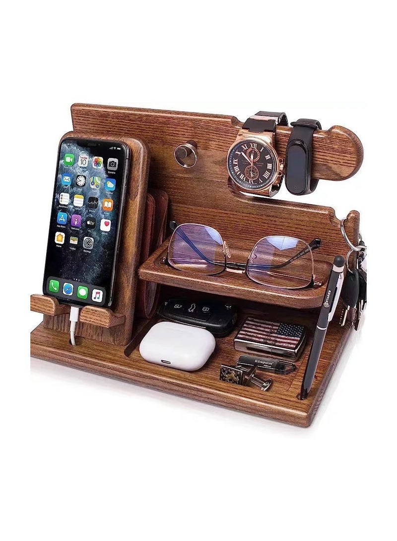 Generic Wood Phone Docking Station Key Holder Watch Desk Organizer Gifts for Men and Women Desk Accessories  - Image 1