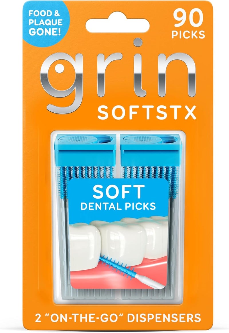 Grin Softstx Gentle Dental Picks 90 Count Soft Flexible Bristles Textured Plaque Removing Toothpick Minty Flavor for Between Teeth Refillable Hygienic Case for Braces Bridges and Implants - Image 1