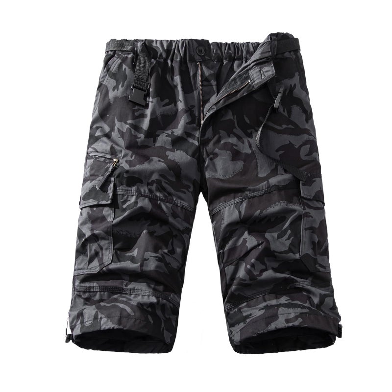 Mylldey Men's Cargo Shorts 3/4 Relaxed Fit Mens Running Shorts 7 Pockets Elastic Waist Cotton Hiking Shorts (Black Camo, 2XL) - Image 2