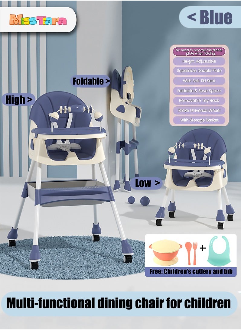 Baby High Chair for Toddlers, Foldable High Chairs with Adjustable Seat Heigh Recline with 4 Wheels and Removable Tray 