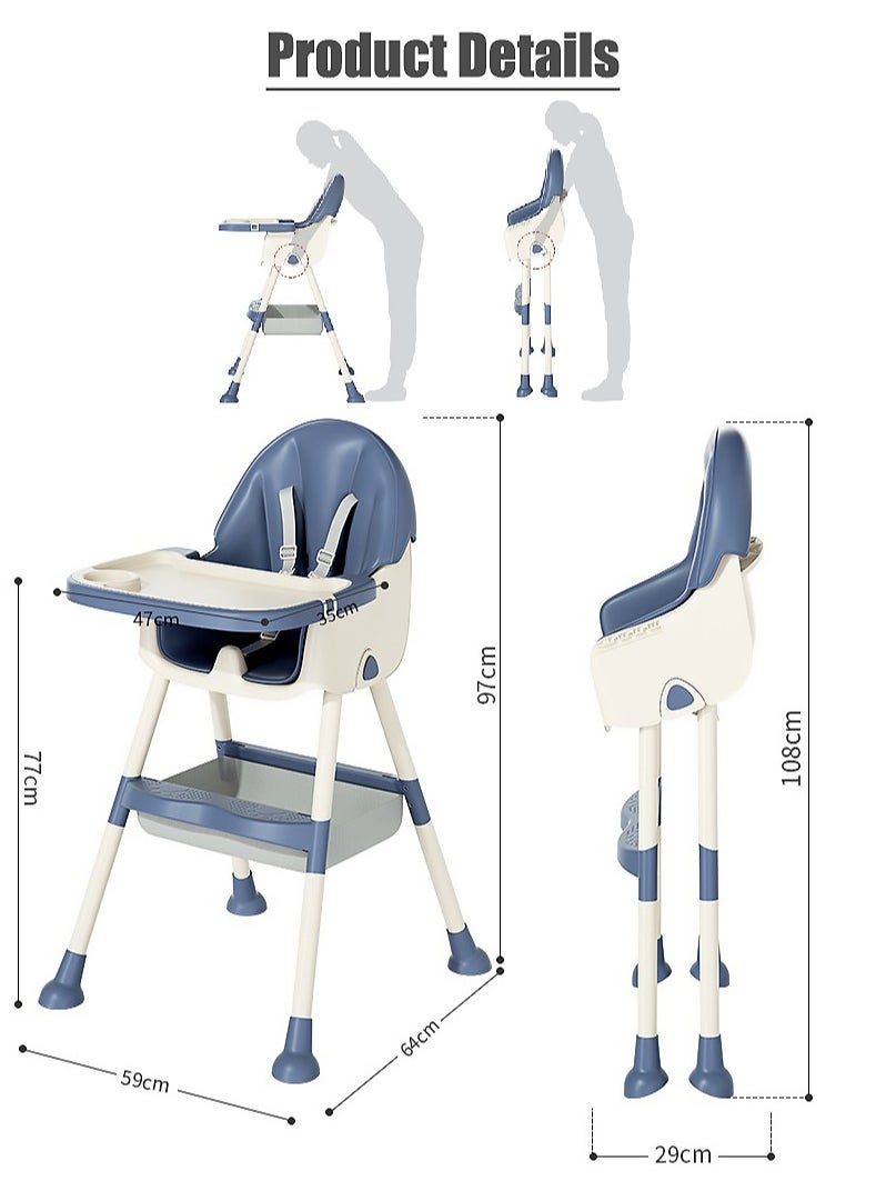 Baby High Chair for Toddlers, Foldable High Chairs with Adjustable Seat Heigh Recline with 4 Wheels and Removable Tray