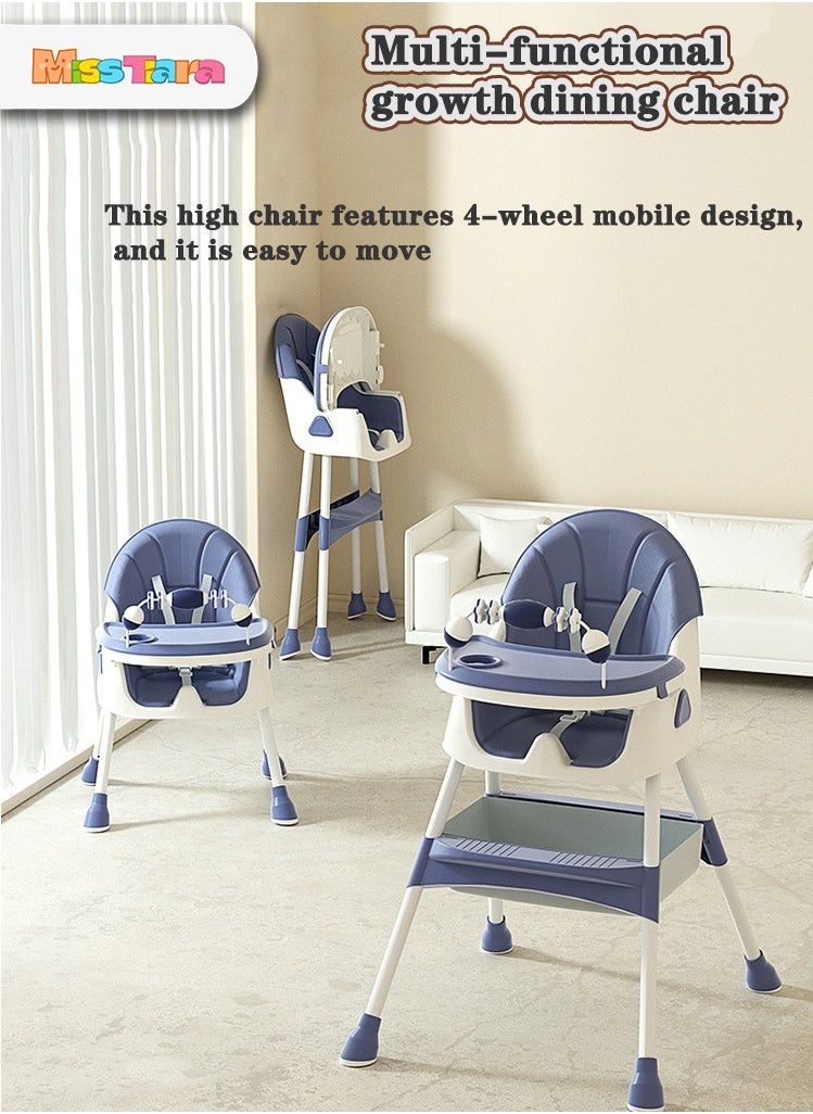 Baby High Chair for Toddlers, Foldable High Chairs with Adjustable Seat Heigh Recline with 4 Wheels and Removable Tray