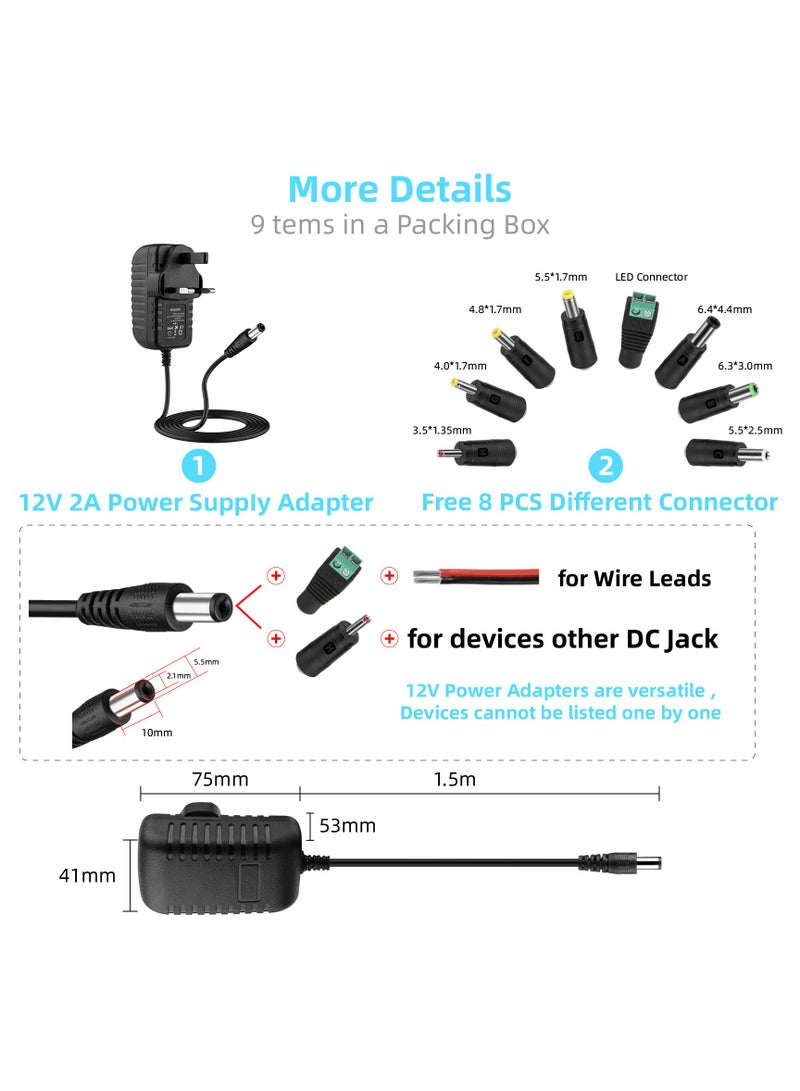 Youque 8 in 1 Universal 12V Power Adapter Connector Charging Cable with 8 Connector Trips for LED Strip Lights Wireless Router USB HUB Switches Security Cameras CCTV indoor and out door DVR Boxes TV Box Power - Image 3