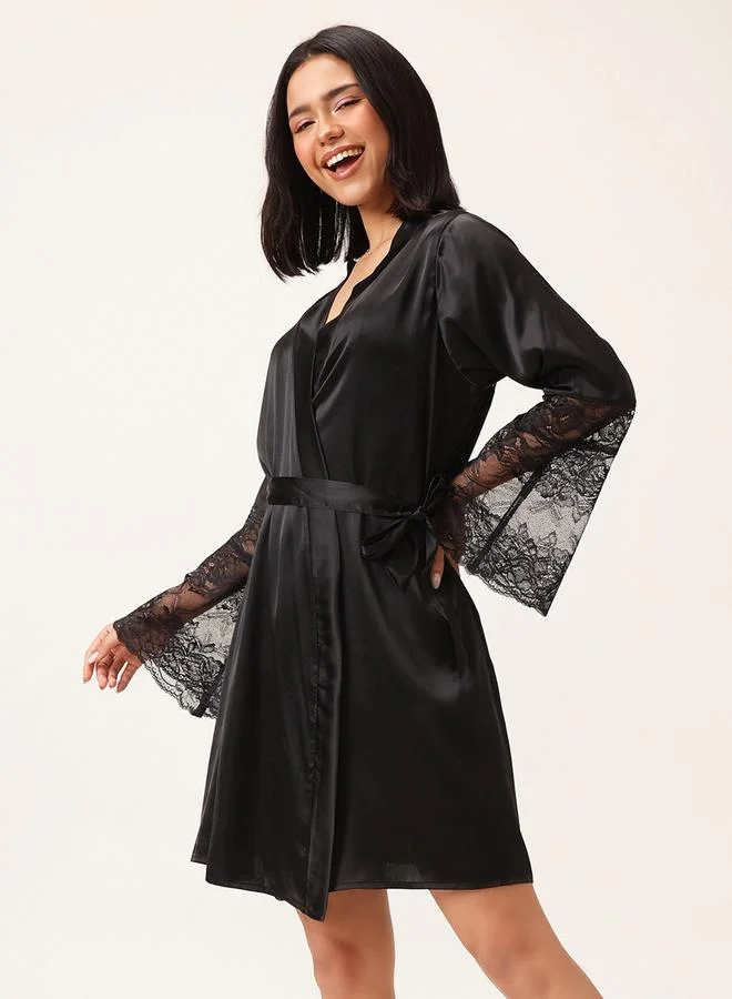 Clovia Clovia Solid Lace Detail Long Sleeve Satin Robe with Waist Tie