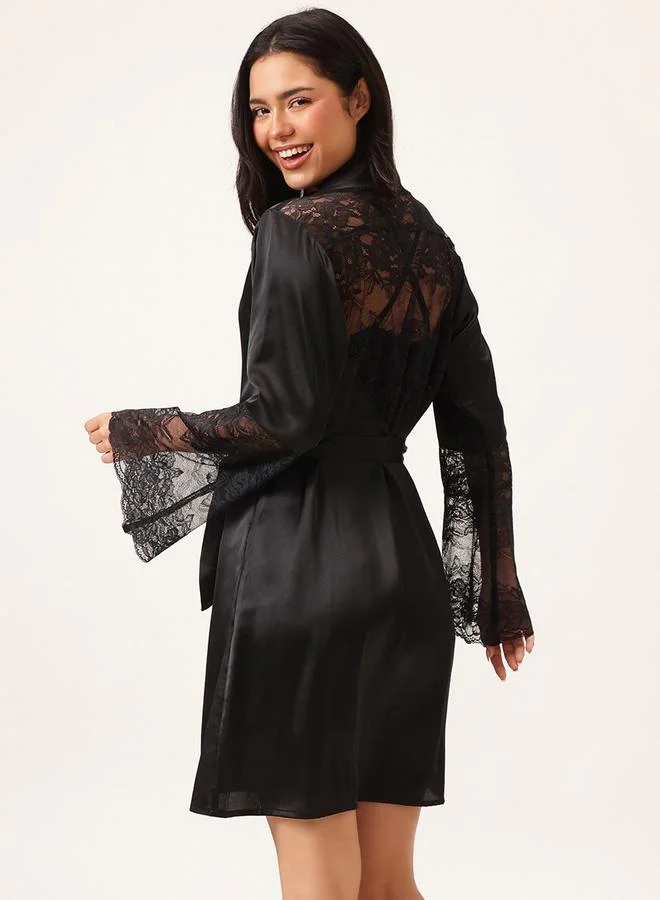 Clovia Clovia Solid Lace Detail Long Sleeve Satin Robe with Waist Tie
