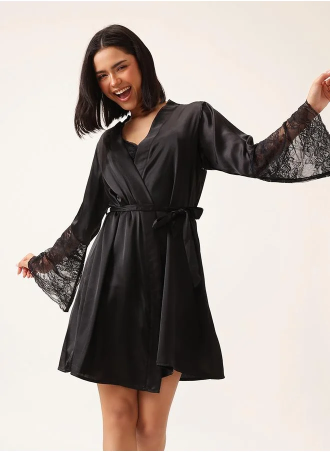 Clovia Clovia Solid Lace Detail Long Sleeve Satin Robe with Waist Tie