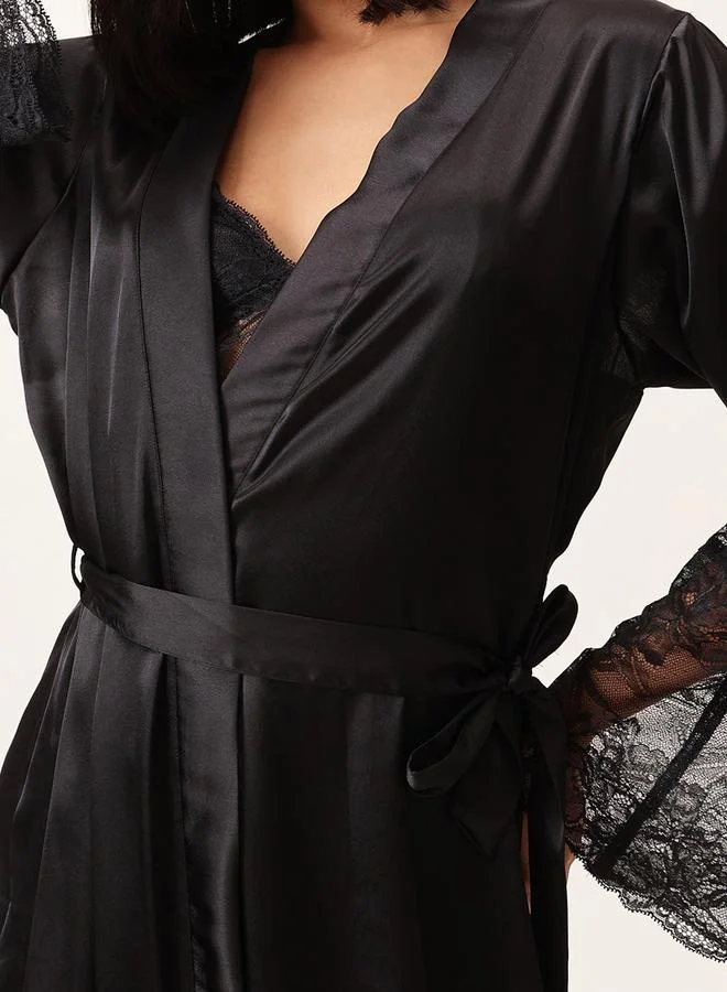 Clovia Clovia Solid Lace Detail Long Sleeve Satin Robe with Waist Tie