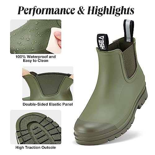 HISEA Women's Short Rain Boots Fashion Waterproof Chelsea Boots Ankle Garden Shoes for Ladies Non Slip Outdoor Work Booties Lightweight Rubber Rainboots with Comfort Insole, Size 10 Olive Green - Image 2