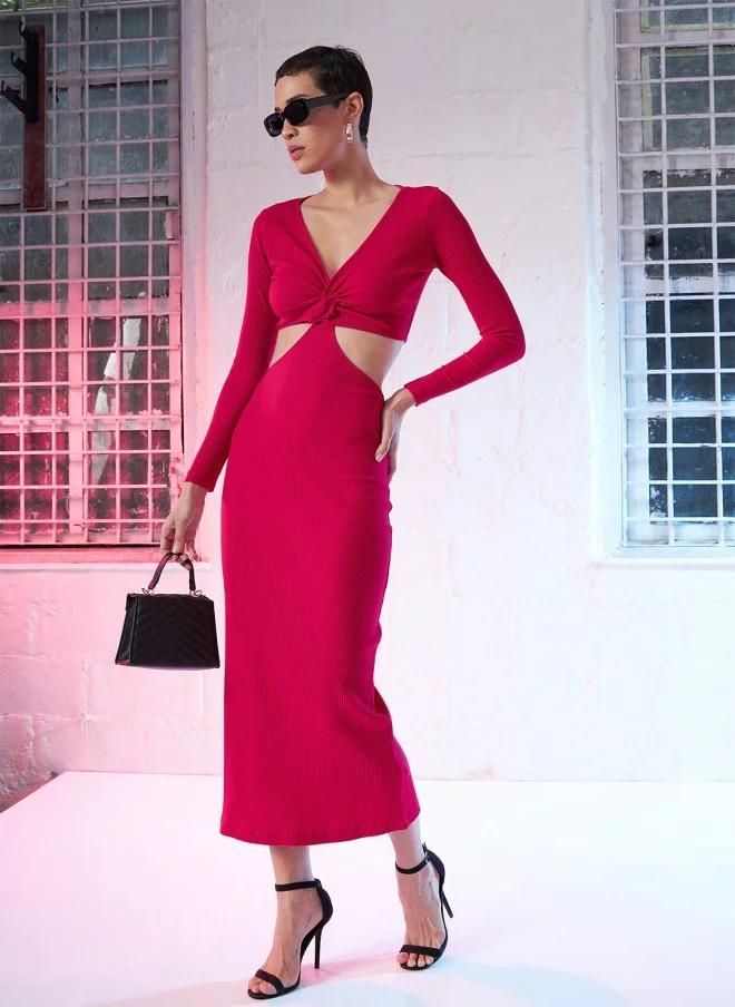 SASSAFRAS Pink Bodycon Maxi Dress With Cut-Outs For Women