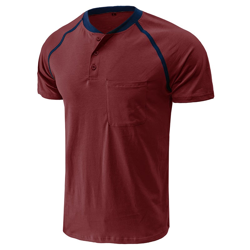 2023 Summer and men''s short sleeve men''s T-shirt foreign trade Men''s Henry shirt color matching T-shirt men''s wholesale - Image 1
