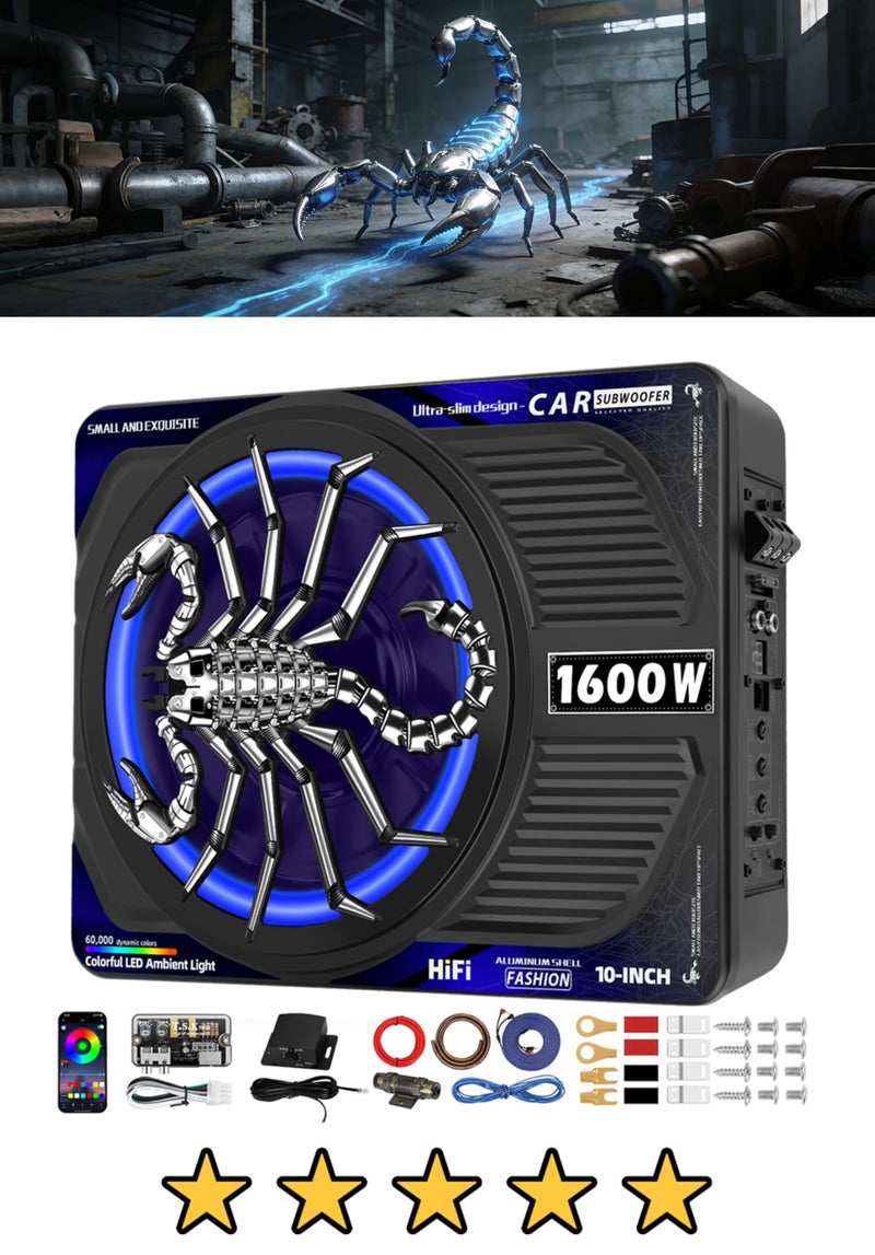 TZGBASS 1600W Slim Underseat Car Subwoofer and Amp Package, Powered Subwoofer Car Audio with Built-in Class D Amp, RGB Beat-Sync Light, Deep Subsonic Bass, Under Seat Subwoofer for Truck SUV Sedan - Image 1