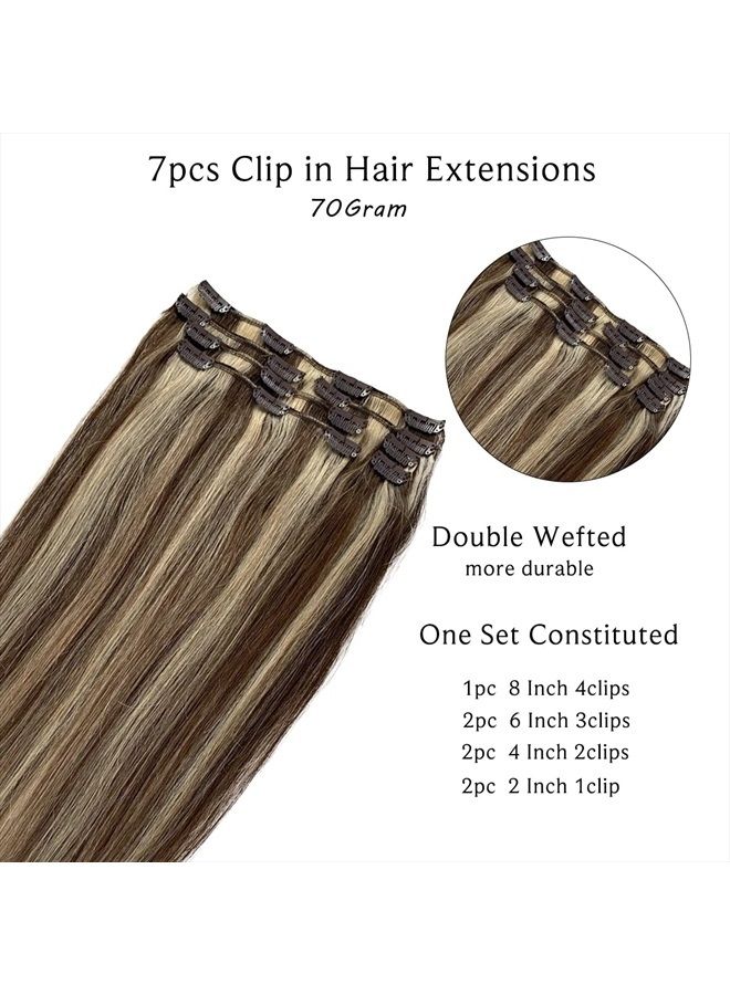 Ubetta Clip in Hair Extensions, Chocolate Brown and Blonde Highlights Remy Human Hair Clip in Extensions 7 Pcs 70G Double Weft Straight Real Hair Extensions Clip in Human Hair 20 Inch for Fine Hair Women - Image 3