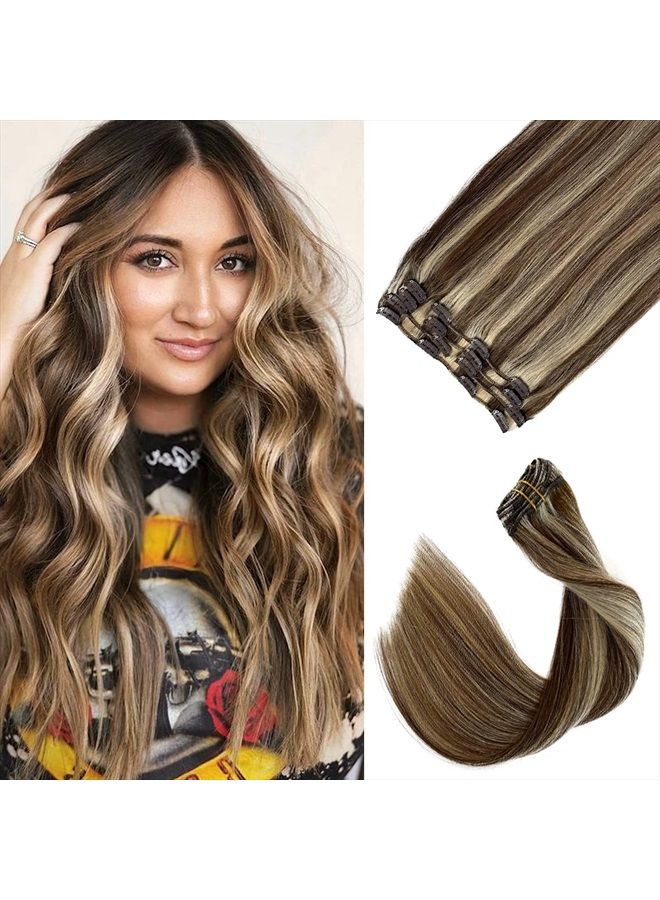 Ubetta Clip in Hair Extensions, Chocolate Brown and Blonde Highlights Remy Human Hair Clip in Extensions 7 Pcs 70G Double Weft Straight Real Hair Extensions Clip in Human Hair 20 Inch for Fine Hair Women - Image 1