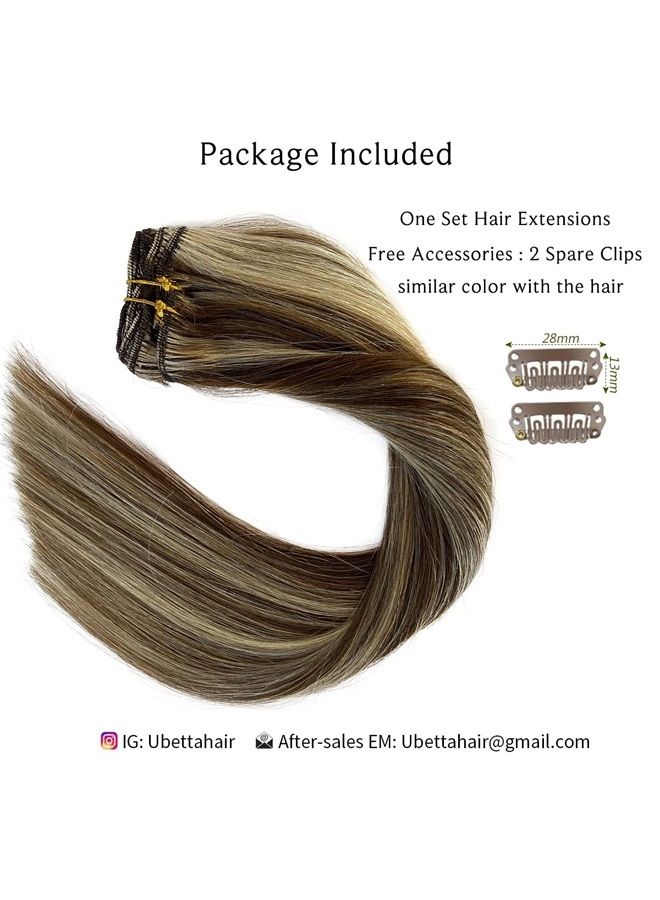 Ubetta Clip in Hair Extensions, Chocolate Brown and Blonde Highlights Remy Human Hair Clip in Extensions 7 Pcs 70G Double Weft Straight Real Hair Extensions Clip in Human Hair 20 Inch for Fine Hair Women - Image 5