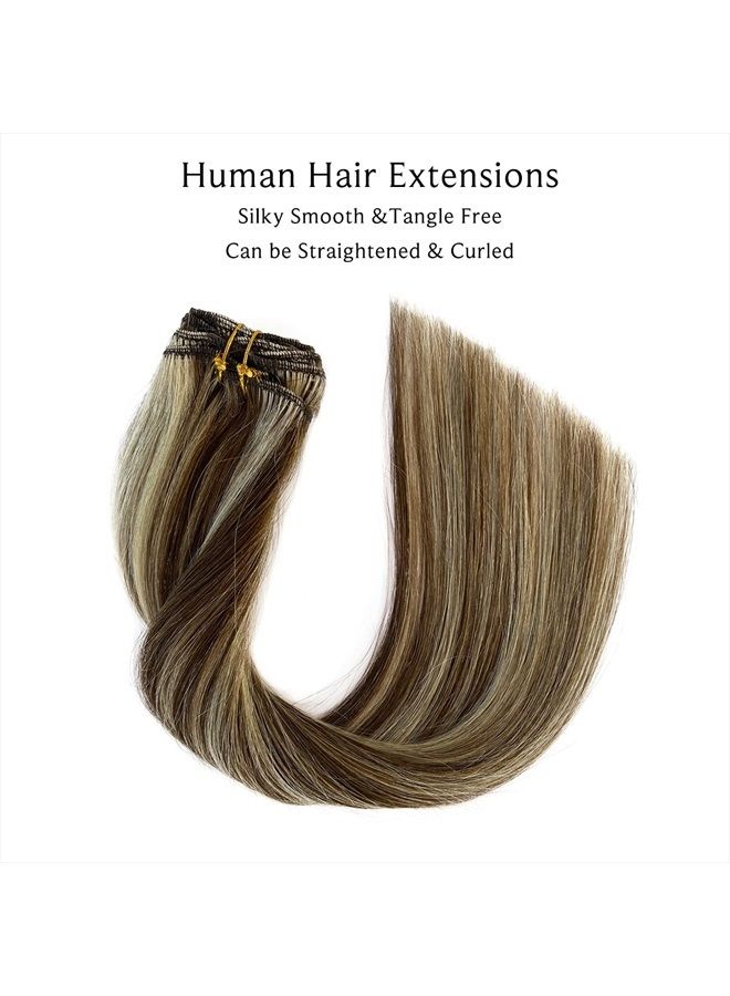 Ubetta Clip in Hair Extensions, Chocolate Brown and Blonde Highlights Remy Human Hair Clip in Extensions 7 Pcs 70G Double Weft Straight Real Hair Extensions Clip in Human Hair 20 Inch for Fine Hair Women - Image 4