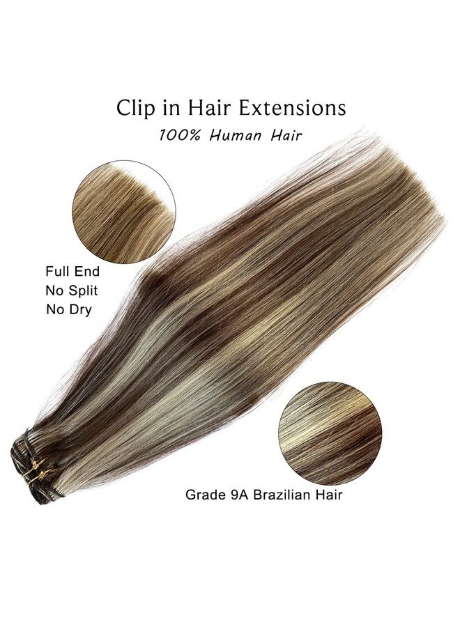 Ubetta Clip in Hair Extensions, Chocolate Brown and Blonde Highlights Remy Human Hair Clip in Extensions 7 Pcs 70G Double Weft Straight Real Hair Extensions Clip in Human Hair 20 Inch for Fine Hair Women - Image 2
