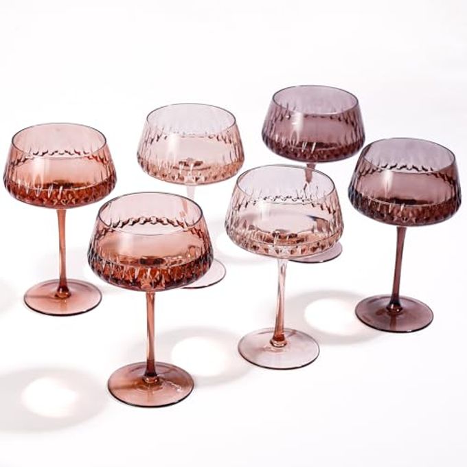 JOVGANK Amber Martini Glasses Set of 6, Hand Blown Colorful Glass 14Oz, Vintage Champagne Coupe Glasses, Large Brown Glass, Crystal Retro Style Bar Glasses, Housewarming and Mother's Day Gift