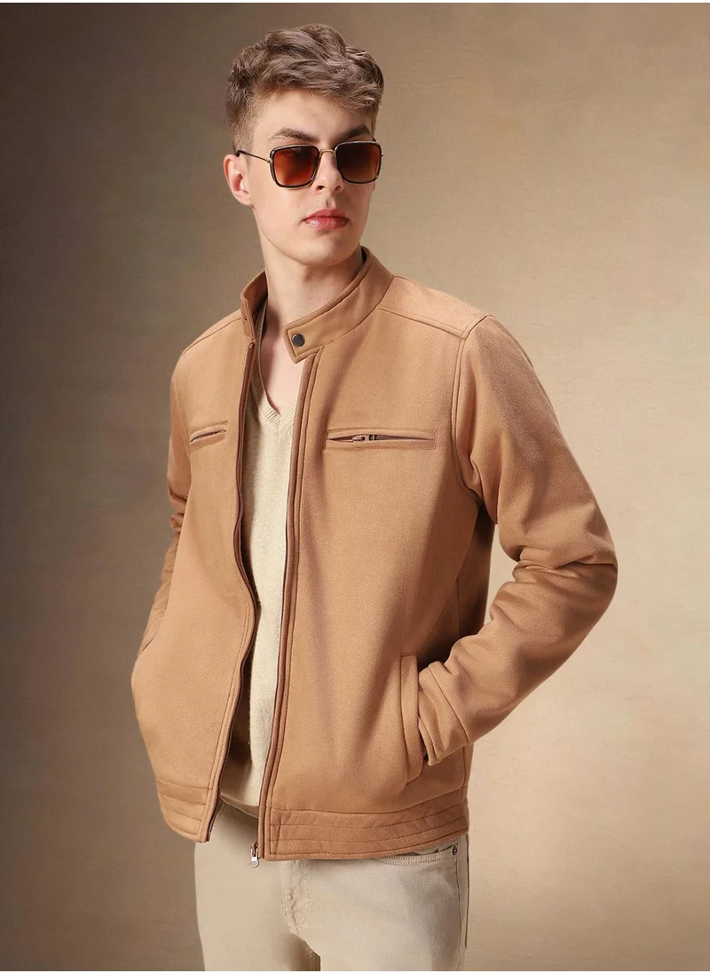 Dennis Lingo Men's Brown 100% Polyester Solid Regular Fit Jacket