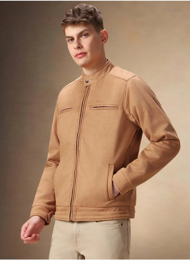 Dennis Lingo Men's Brown 100% Polyester Solid Regular Fit Jacket