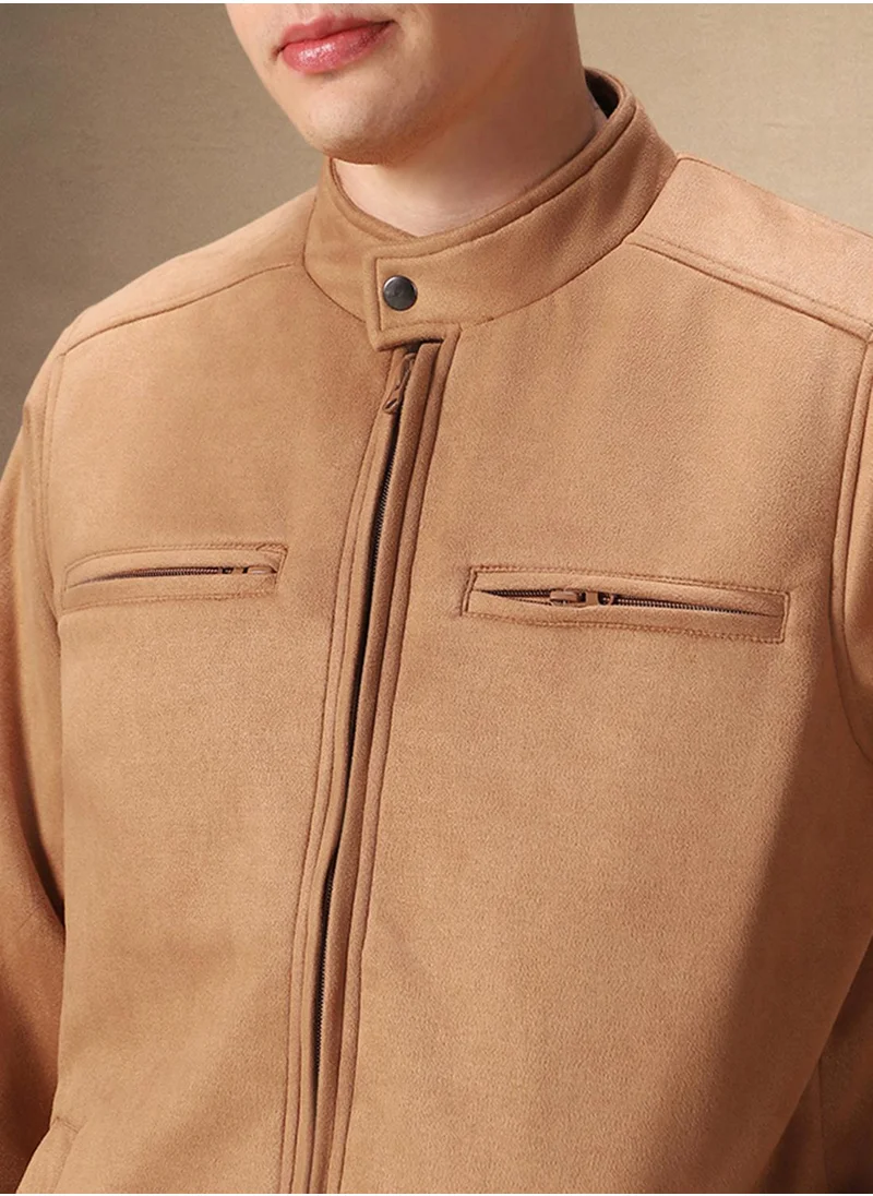 Dennis Lingo Men's Brown 100% Polyester Solid Regular Fit Jacket