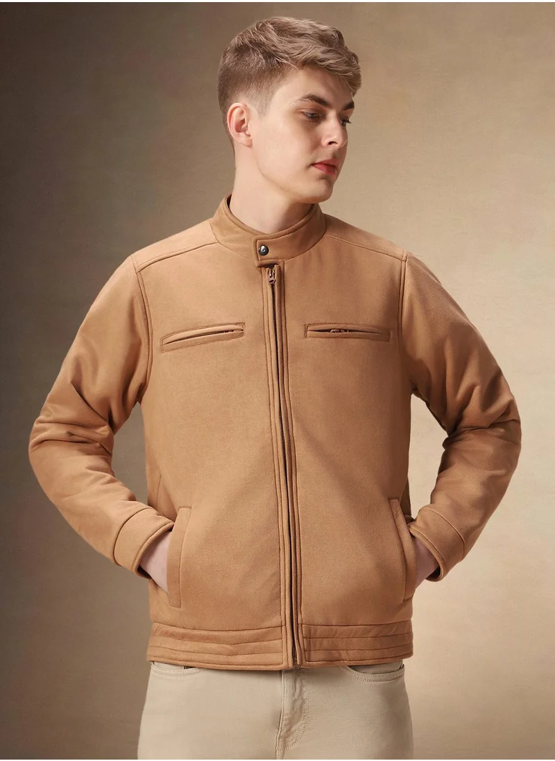 Dennis Lingo Men's Brown 100% Polyester Solid Regular Fit Jacket