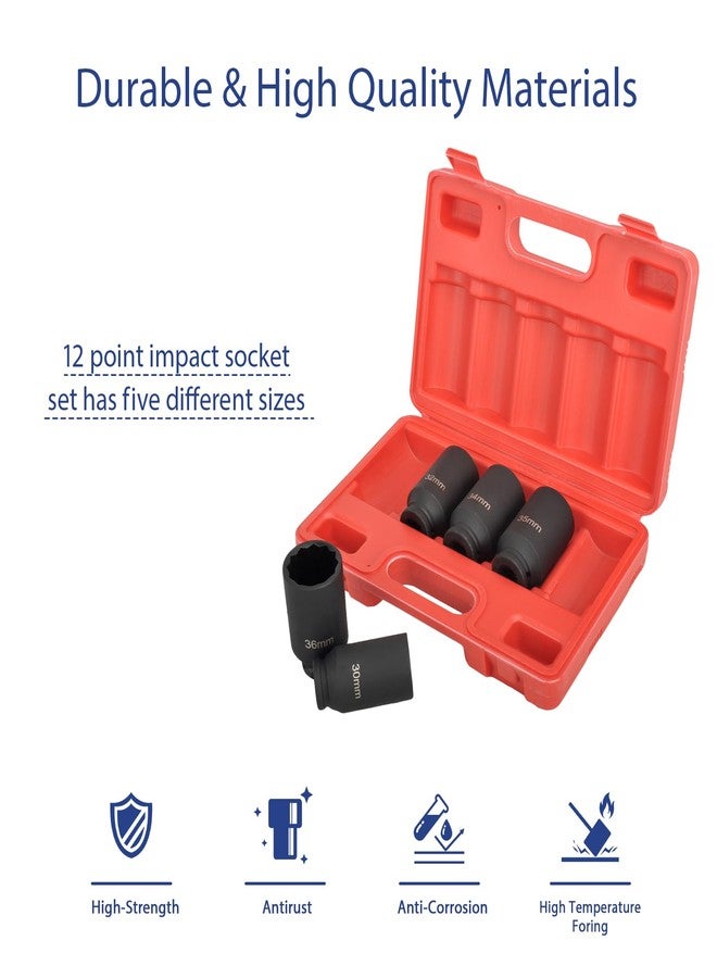 higehio 1/2 Inch Drive Impact Socket Set 12point Drive Deep Spindle Axle Nut Impact Socket Set Metric, Cr-Mo Steel, 30mm 32mm 34mm 35mm 36mm 1/2" Drive Deep Well - Image 3
