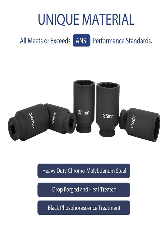 higehio 1/2 Inch Drive Impact Socket Set 12point Drive Deep Spindle Axle Nut Impact Socket Set Metric, Cr-Mo Steel, 30mm 32mm 34mm 35mm 36mm 1/2" Drive Deep Well - Image 4